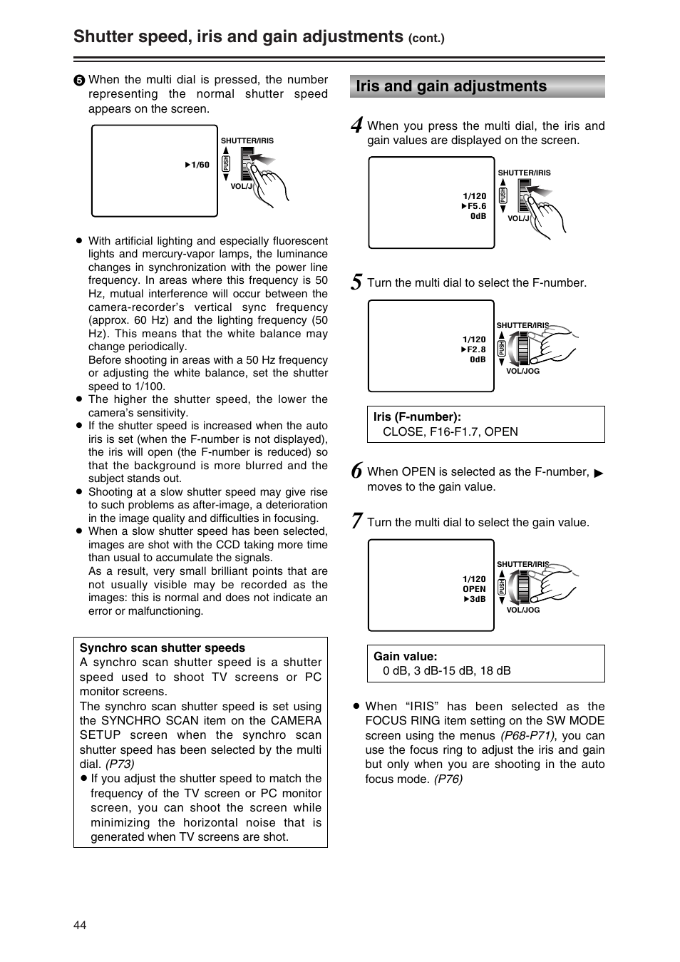 Iris and gain adjustments, Shutter speed, iris and gain adjustments | Panasonic AG-DVC30P User Manual | Page 44 / 88