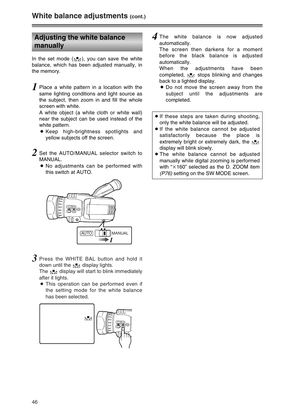 Adjusting the white balance manually, White balance adjustments | Panasonic AG-DVC30P User Manual | Page 46 / 88