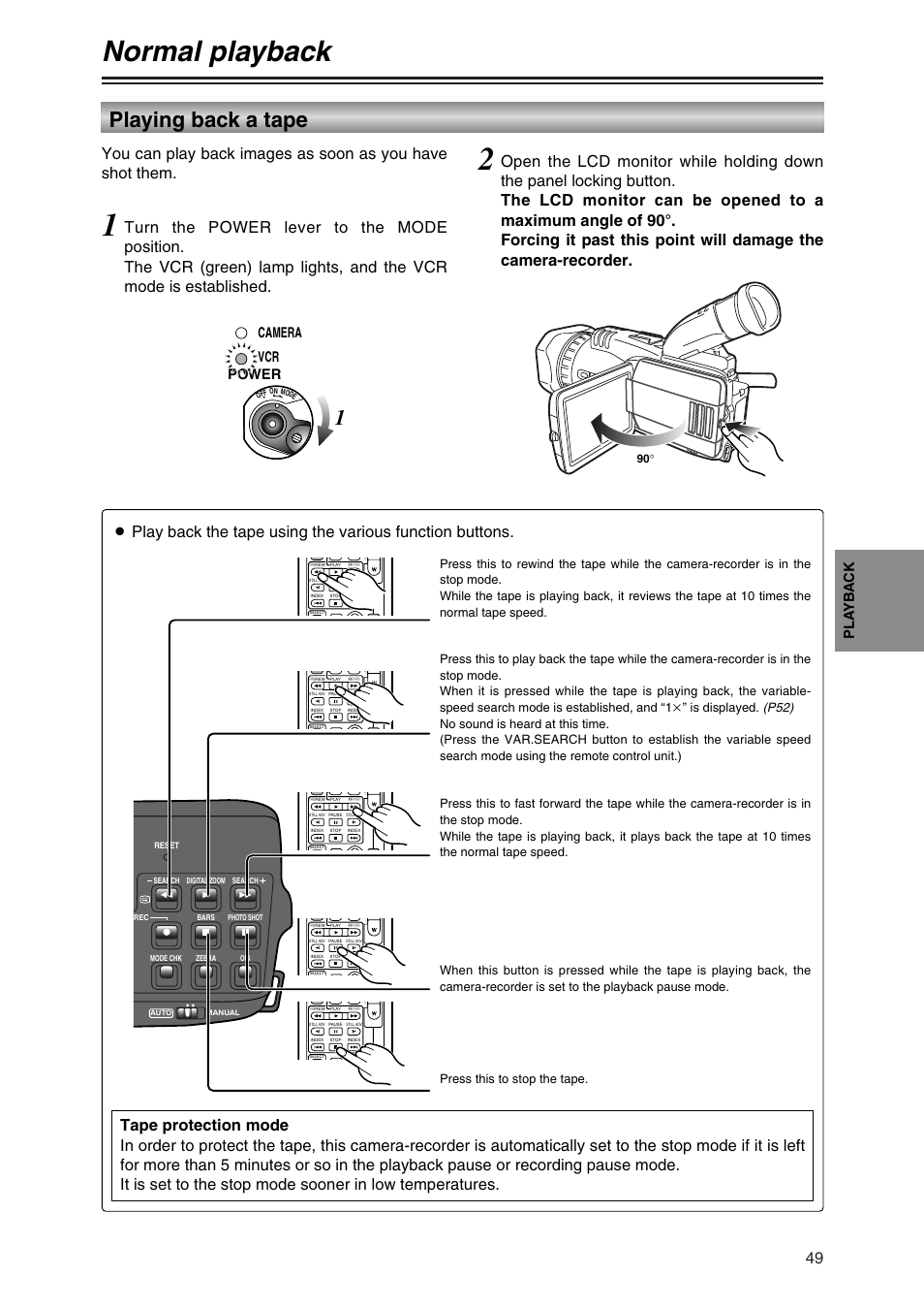 Playback, Normal playback, Playing back a tape | Pla yb a c k, Power camera vcr | Panasonic AG-DVC30P User Manual | Page 49 / 88