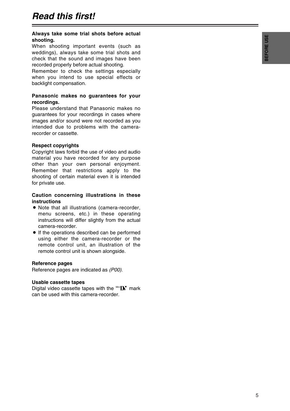 Read this first | Panasonic AG-DVC30P User Manual | Page 5 / 88