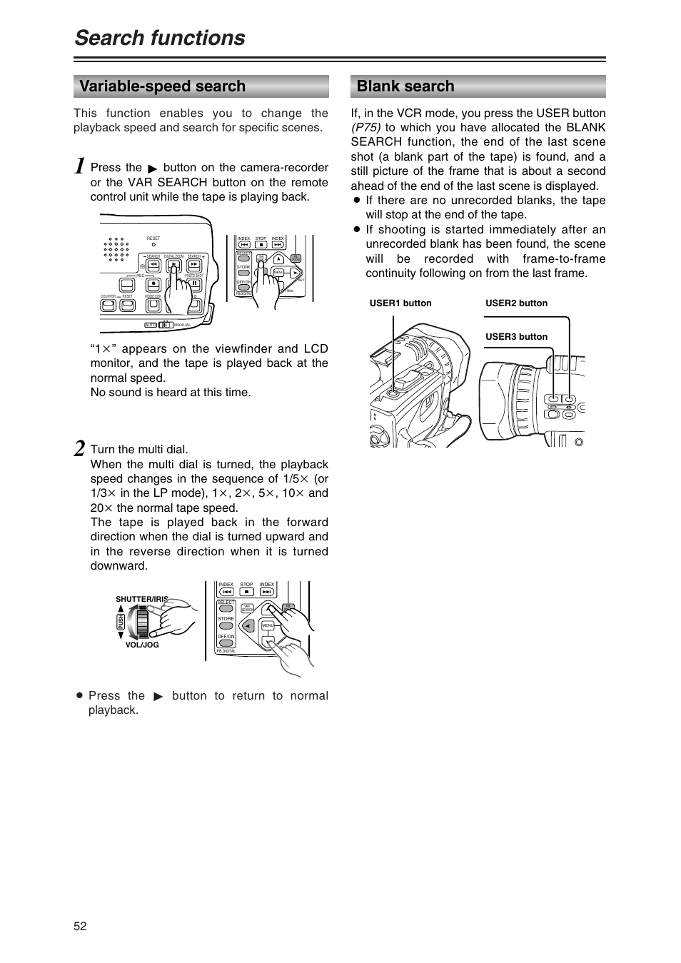 Search functions, Variable -speed search, Blank search | Variable-speed search | Panasonic AG-DVC30P User Manual | Page 52 / 88