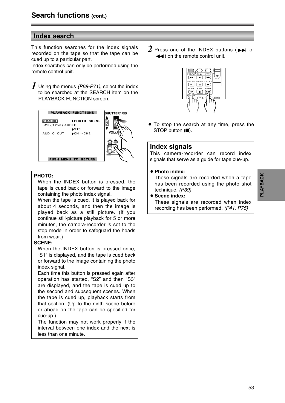 Index search, Search functions, Index search index signals | Pla yb a c k | Panasonic AG-DVC30P User Manual | Page 53 / 88