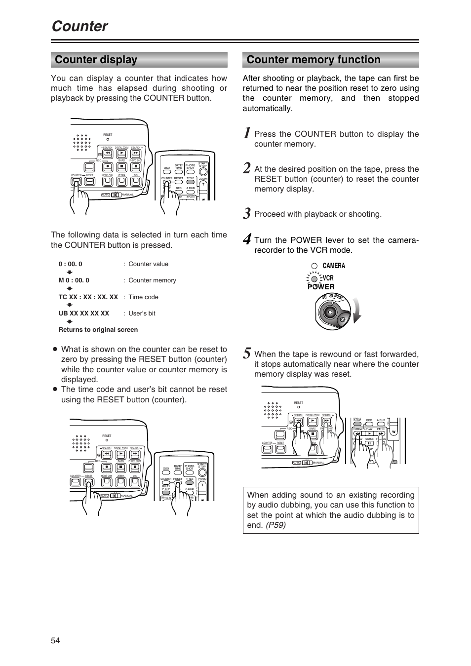 Counter, Counter display, Counter memory function | Proceed with playback or shooting, Power camera vcr | Panasonic AG-DVC30P User Manual | Page 54 / 88