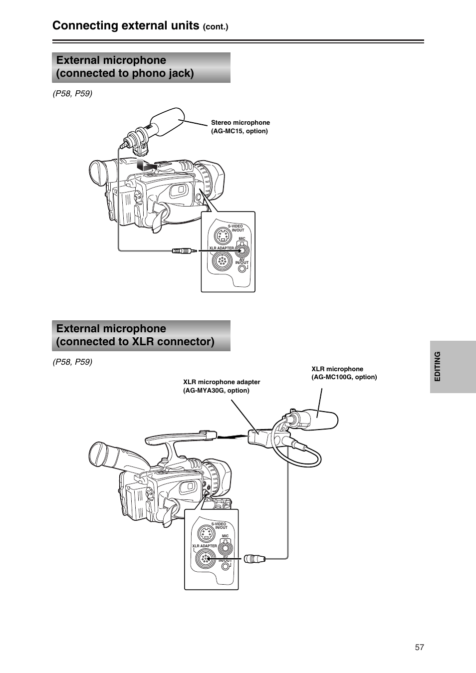 External microphone (connectd to phono jack), External microphone (connected to xlr connector), Connecting external units | External microphone (connected to phono jack), Cont.) (p58, p59), P58, p59) | Panasonic AG-DVC30P User Manual | Page 57 / 88