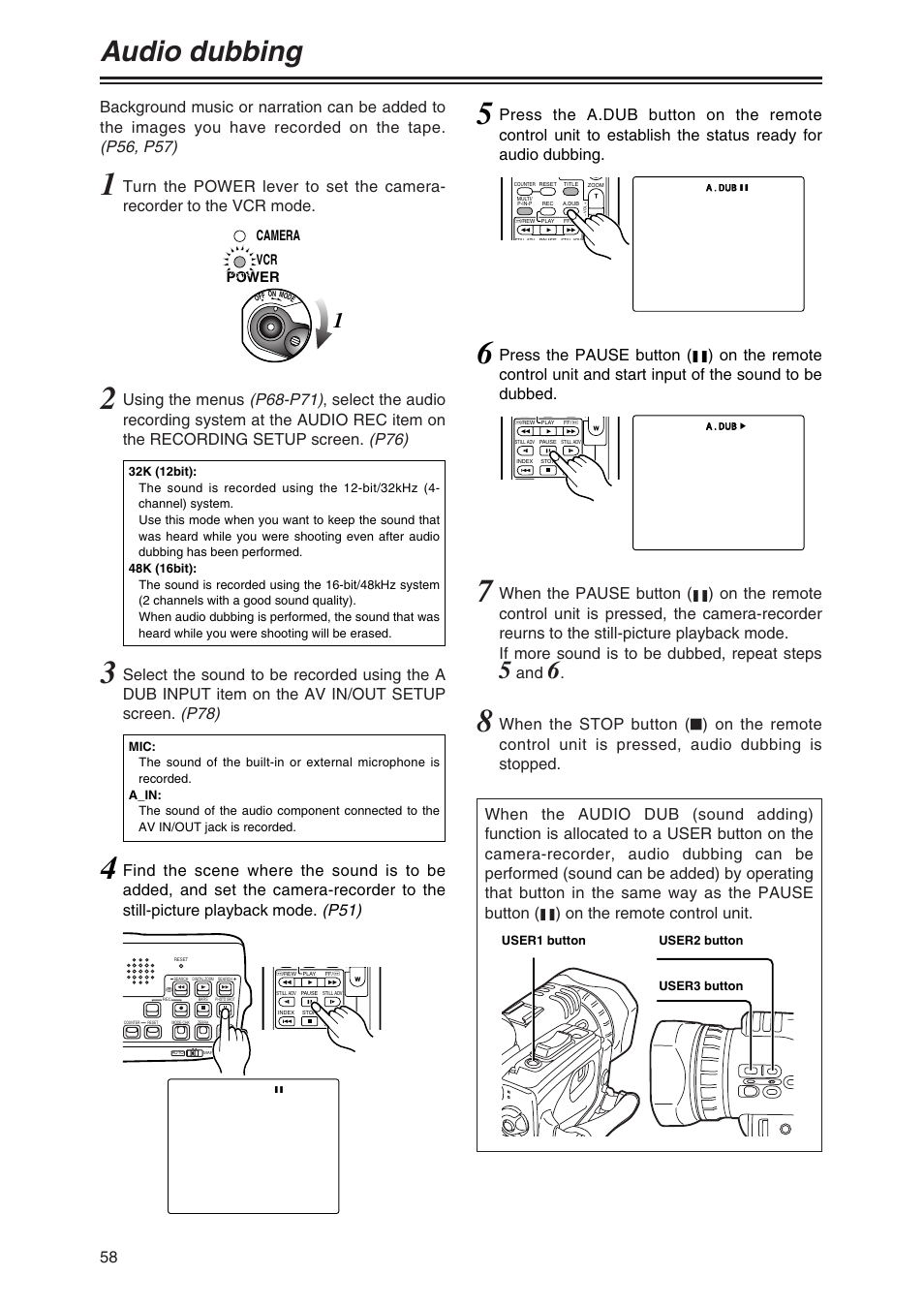 Audio dubbing, Power camera vcr | Panasonic AG-DVC30P User Manual | Page 58 / 88