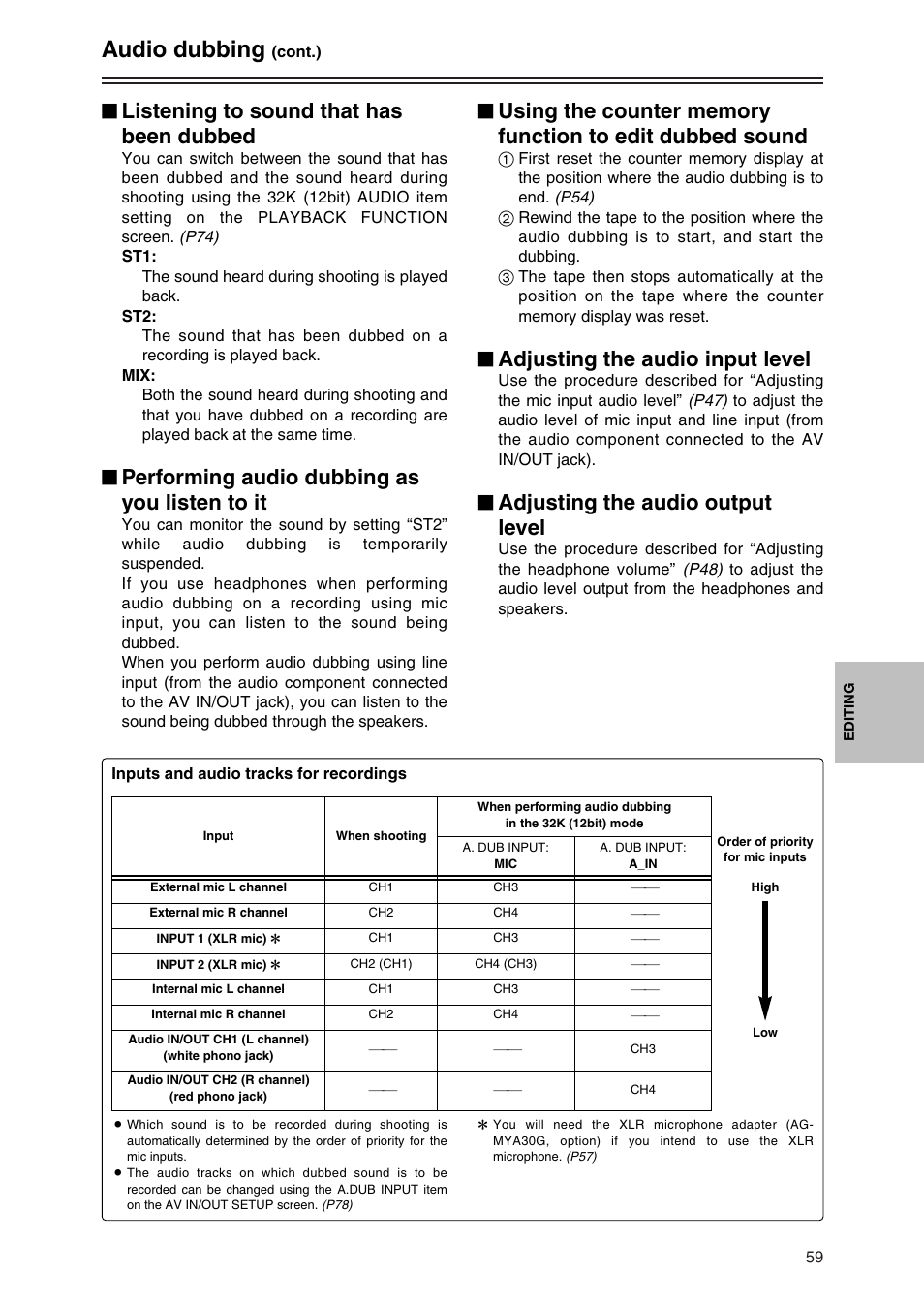 Audio dubbing, Listening to sound that has been dubbed, Performing audio dubbing as you listen to it | Adjusting the audio input level, Adjusting the audio output level | Panasonic AG-DVC30P User Manual | Page 59 / 88
