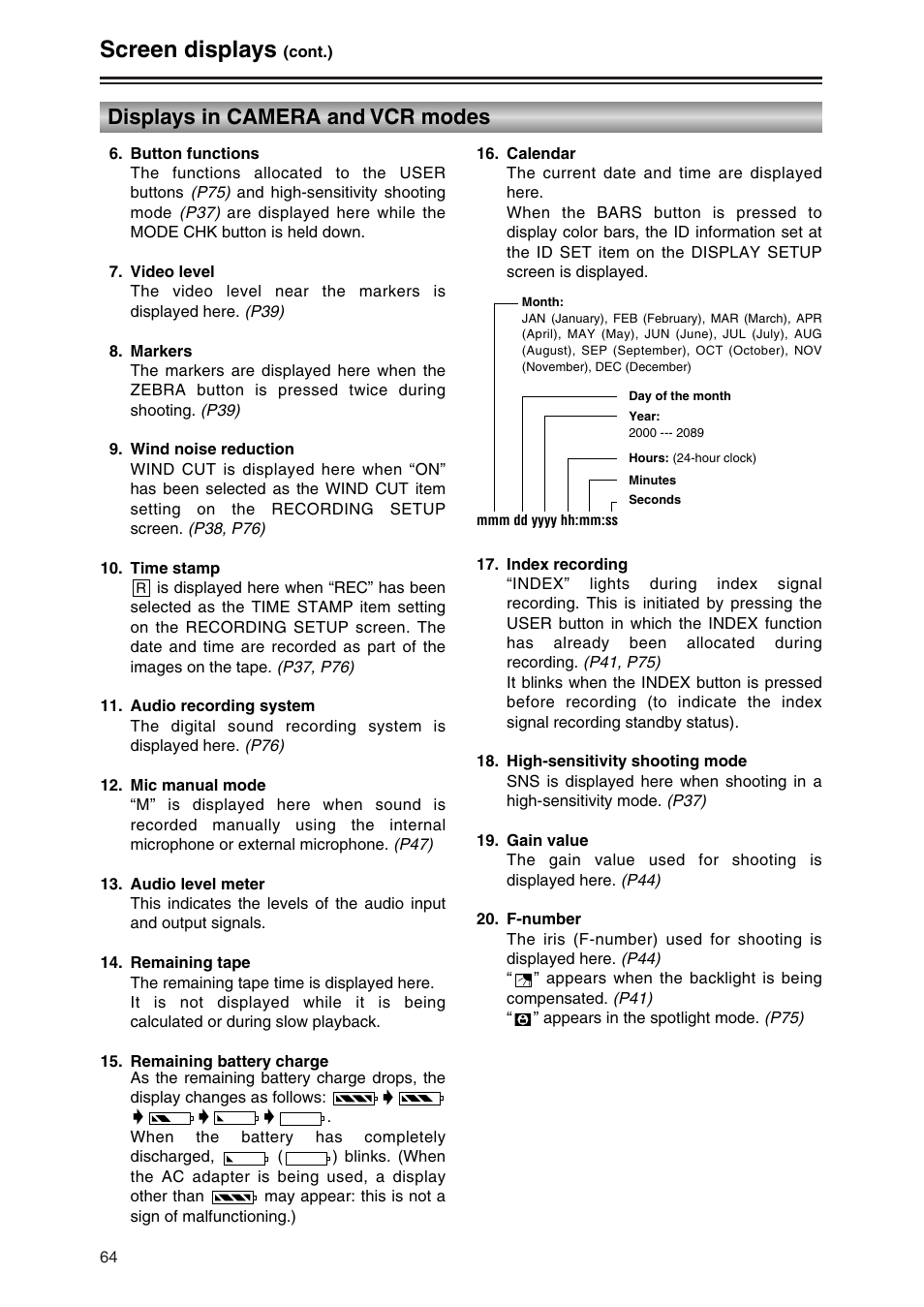 Screen displays, Displays in camera and vcr modes | Panasonic AG-DVC30P User Manual | Page 64 / 88