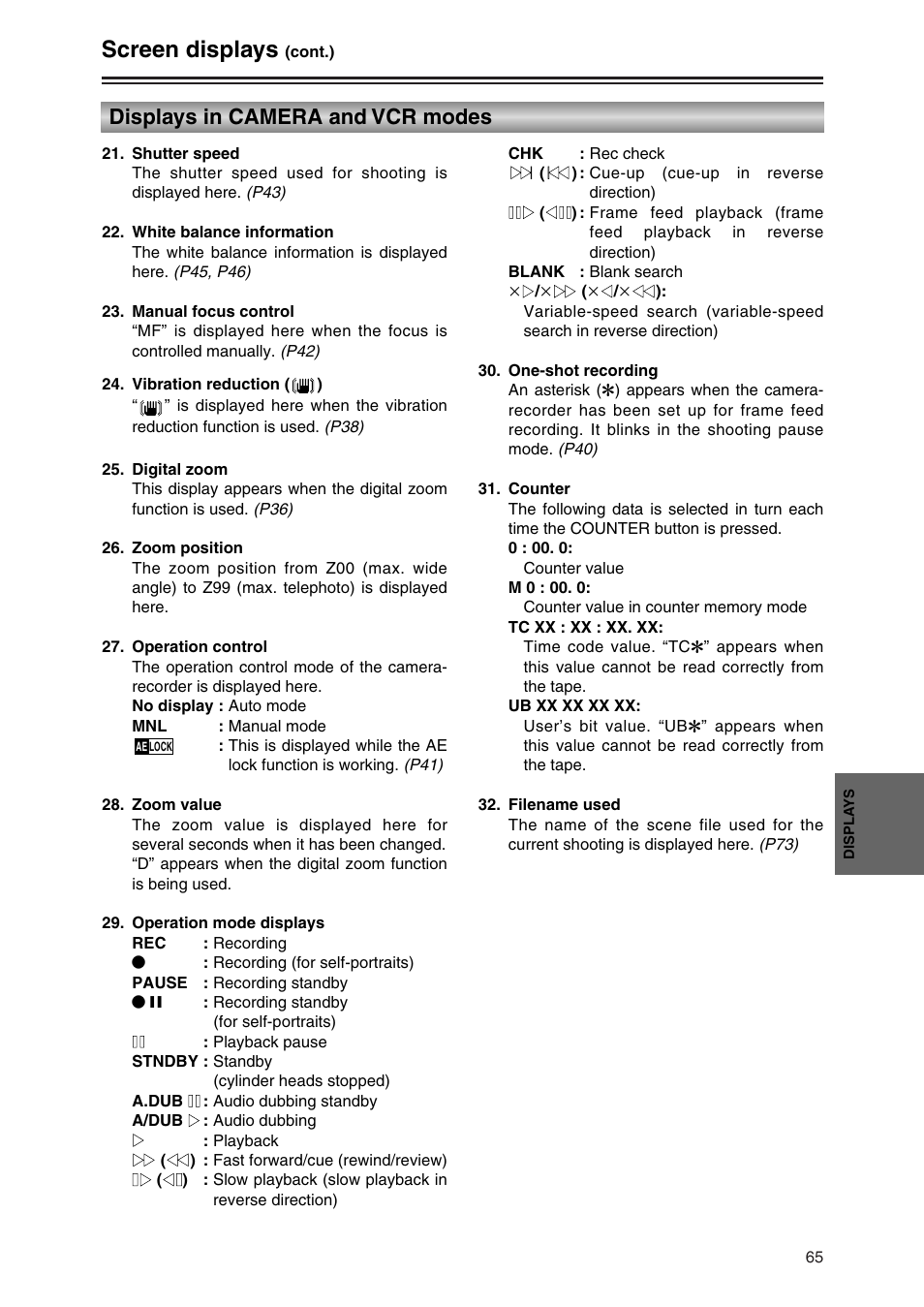 Screen displays, Displays in camera and vcr modes | Panasonic AG-DVC30P User Manual | Page 65 / 88