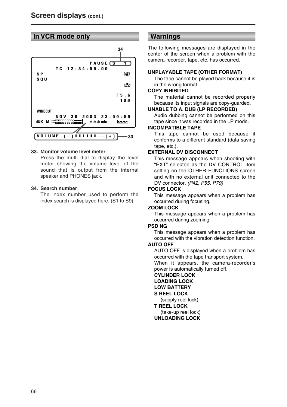 In vcr mode only, Warnings, Screen displays | Panasonic AG-DVC30P User Manual | Page 66 / 88