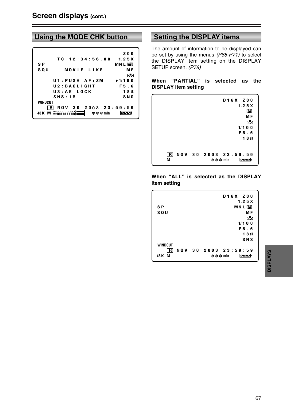 Using the mode chk button, Setting the display items, Screen displays | Panasonic AG-DVC30P User Manual | Page 67 / 88