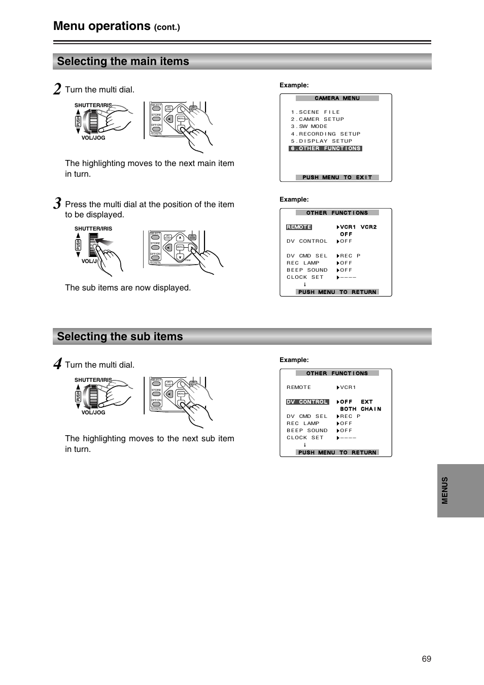 Selecting the main items, Selecting the sub items, Menu operations | Cont.), Menus, Example | Panasonic AG-DVC30P User Manual | Page 69 / 88
