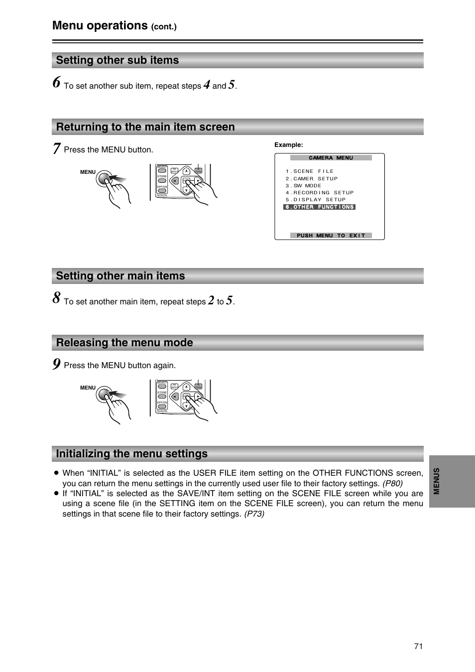 Setting other sub items, Returning to the main item screen, Setting other main items | Releasing teh menu mode, Initializing the menu settings, Menu operations, Releasing the menu mode, Cont.), Press the menu button, Press the menu button again | Panasonic AG-DVC30P User Manual | Page 71 / 88