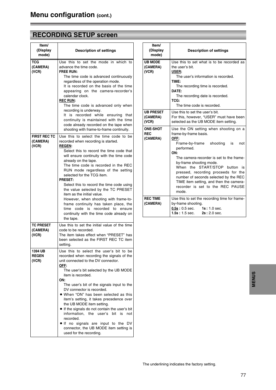Menu configuration, Recording setup screen | Panasonic AG-DVC30P User Manual | Page 77 / 88