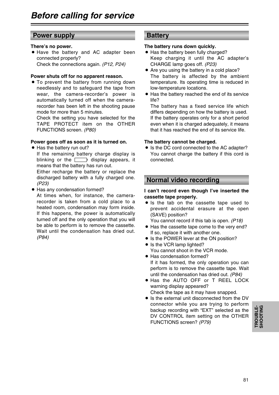 Troubleshooting, Before calling for service, Power supply | Battery, Normal video recording | Panasonic AG-DVC30P User Manual | Page 81 / 88
