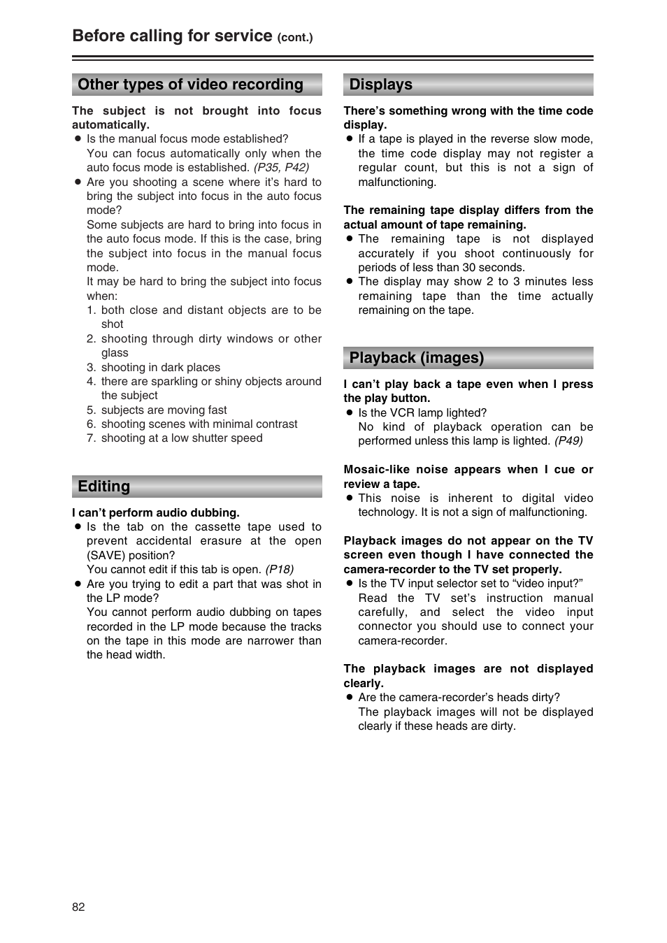 Other types of video recording, Editing, Displays | Playback (images), Before calling for service | Panasonic AG-DVC30P User Manual | Page 82 / 88
