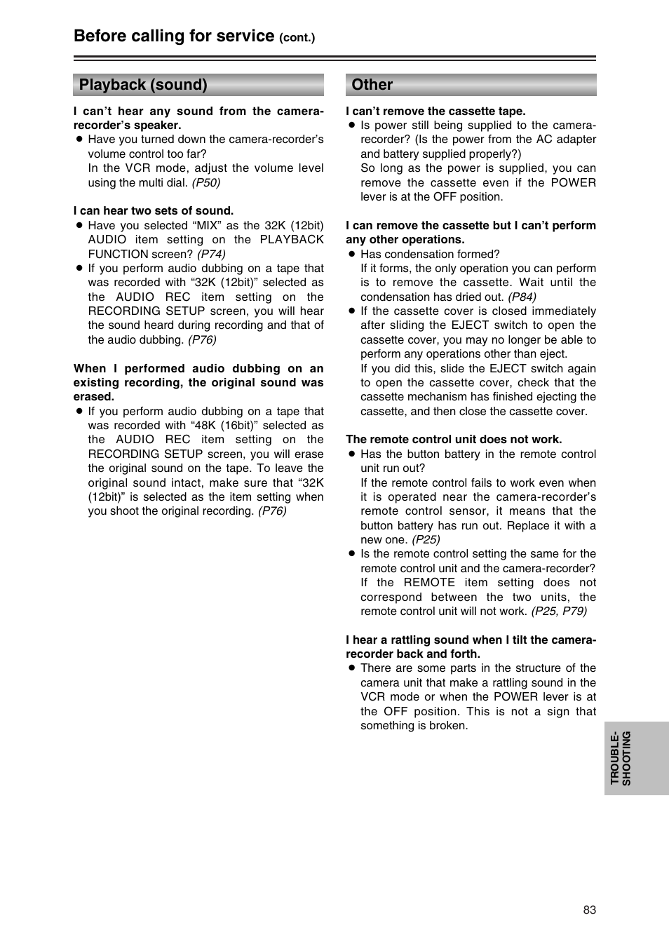Playback (sound), Other, Before calling for service | Panasonic AG-DVC30P User Manual | Page 83 / 88