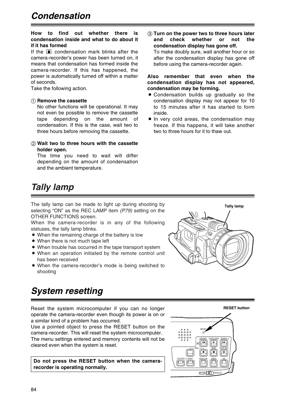 Specifications, other, Condensation, Tally lamp | System resetting | Panasonic AG-DVC30P User Manual | Page 84 / 88