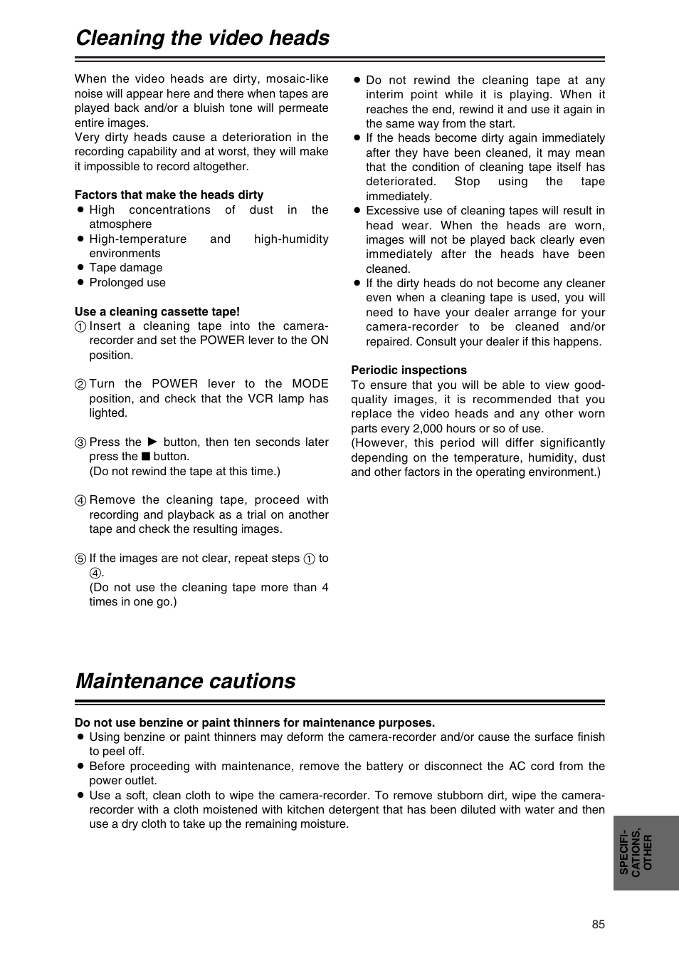 Cleaning the video heads, Maintenance cautions | Panasonic AG-DVC30P User Manual | Page 85 / 88