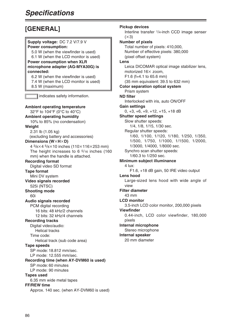 Specifications, General | Panasonic AG-DVC30P User Manual | Page 86 / 88