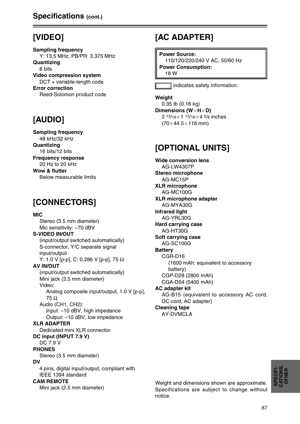 Video, Audio, Connectors | Optional units, Ac adapter, Specifications | Panasonic AG-DVC30P User Manual | Page 87 / 88