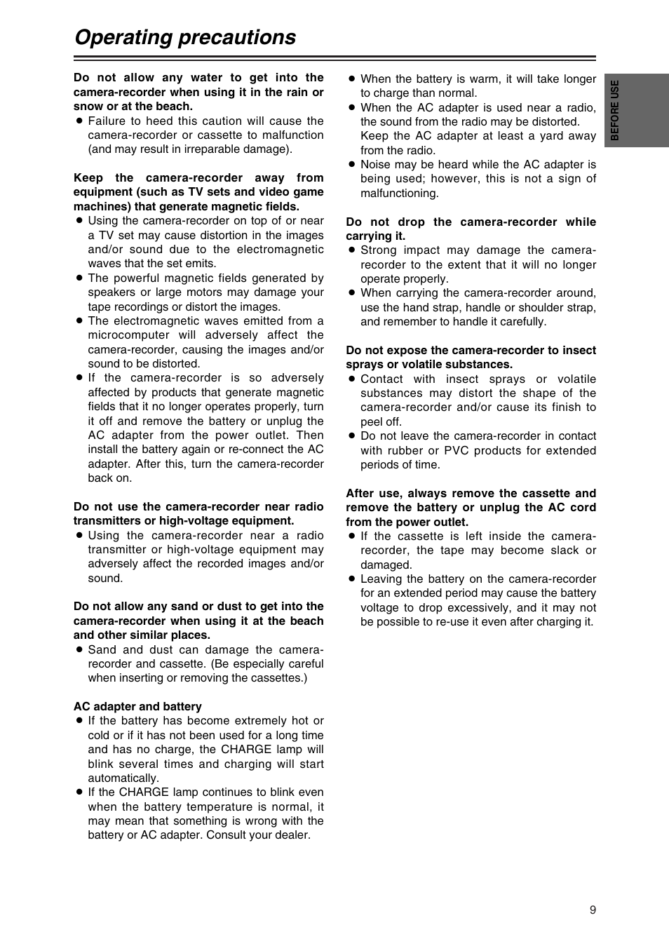 Operating precautions | Panasonic AG-DVC30P User Manual | Page 9 / 88