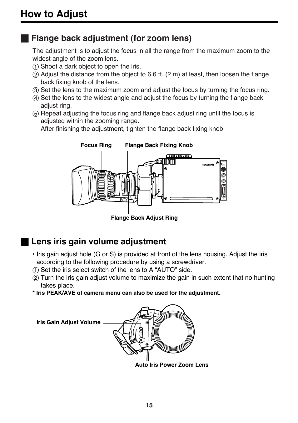 How to adjust, Flange back adjustment (for zoom lens), Lens iris gain volume adjustment | Panasonic AK-HC910P User Manual | Page 15 / 36