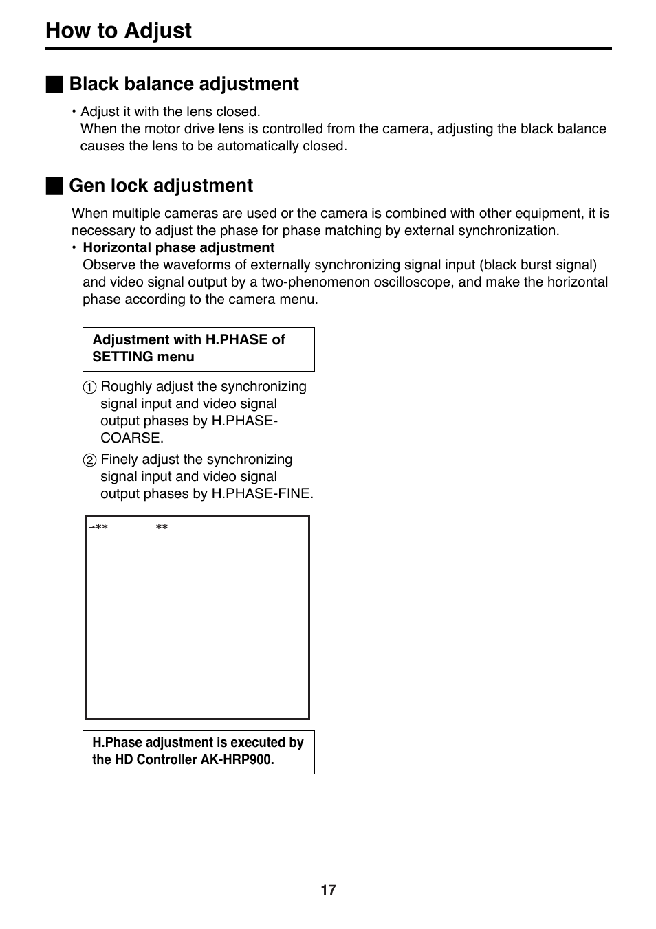 Black balance adjustment, Gen lock adjustment, How to adjust | Panasonic AK-HC910P User Manual | Page 17 / 36