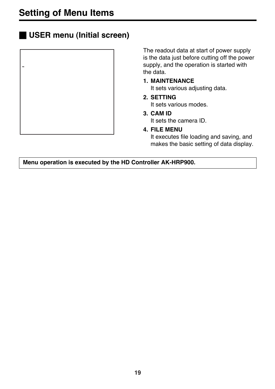 User menu (initial screen), Setting of menu items | Panasonic AK-HC910P User Manual | Page 19 / 36