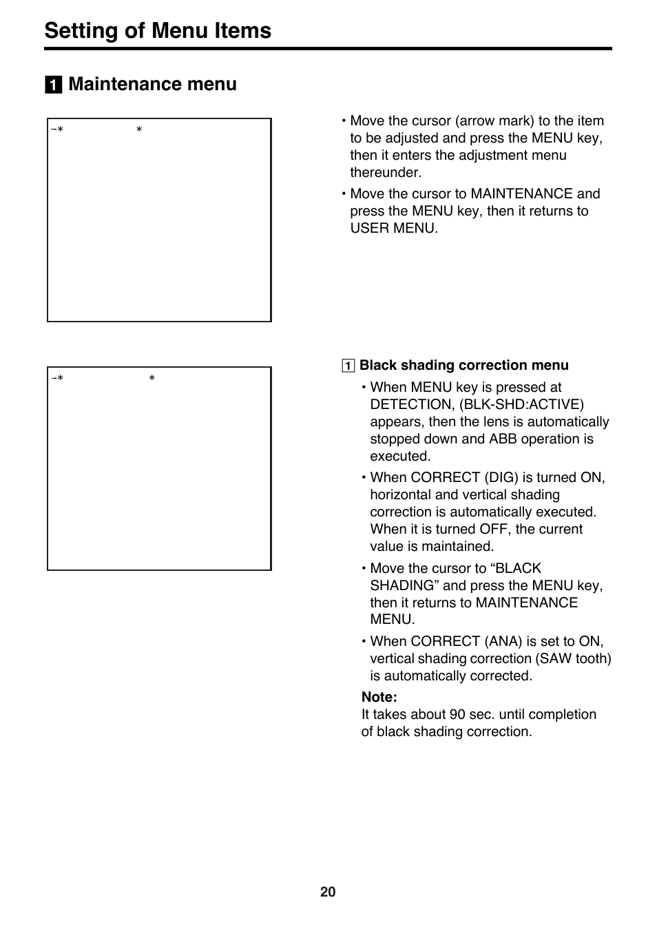 1] maintenance menu, Setting of menu items, Maintenance menu | Panasonic AK-HC910P User Manual | Page 20 / 36