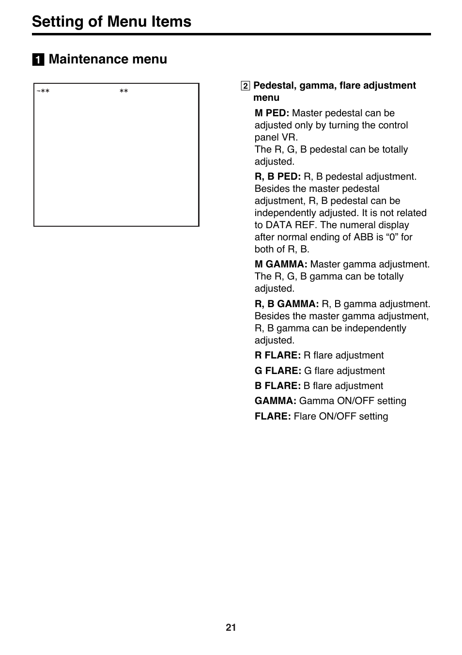 Setting of menu items, Maintenance menu | Panasonic AK-HC910P User Manual | Page 21 / 36