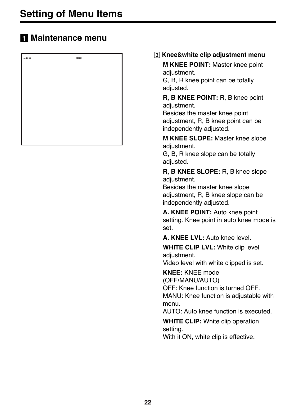 Setting of menu items, Maintenance menu | Panasonic AK-HC910P User Manual | Page 22 / 36
