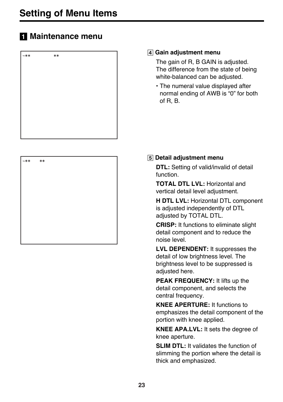 Setting of menu items, Maintenance menu | Panasonic AK-HC910P User Manual | Page 23 / 36