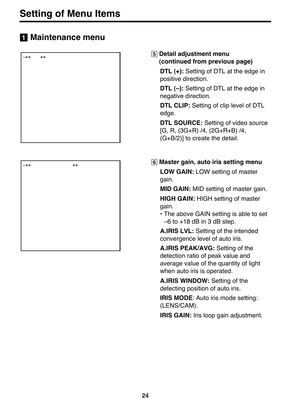 Setting of menu items, Maintenance menu | Panasonic AK-HC910P User Manual | Page 24 / 36