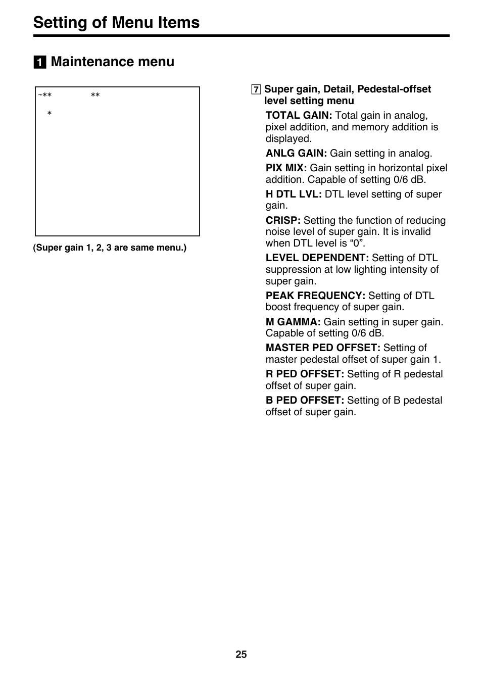 Setting of menu items, Maintenance menu | Panasonic AK-HC910P User Manual | Page 25 / 36