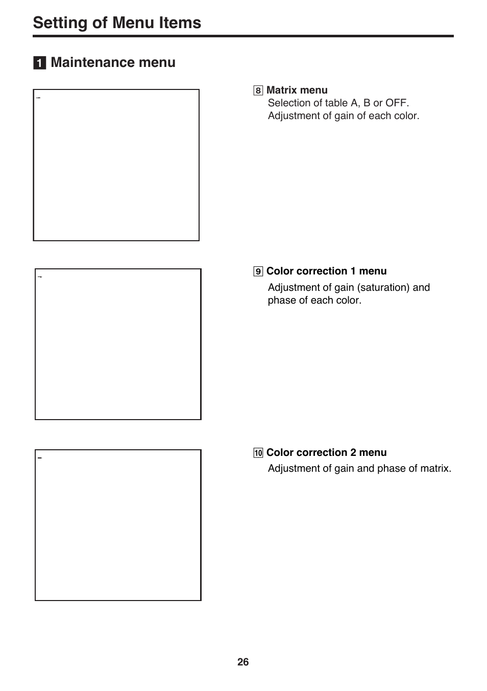 Setting of menu items, Maintenance menu | Panasonic AK-HC910P User Manual | Page 26 / 36
