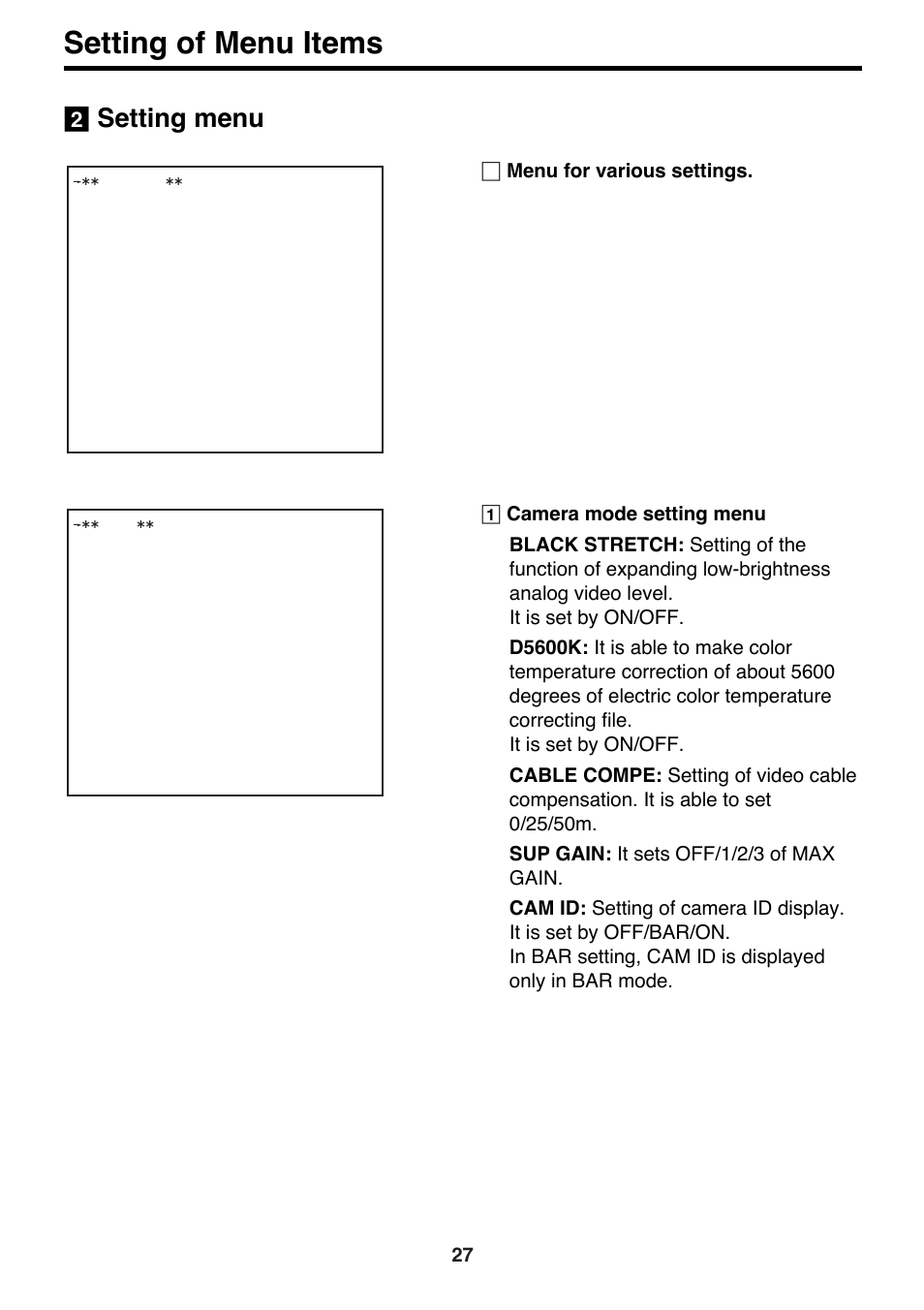 2] setting menu, Setting of menu items, Setting menu | Panasonic AK-HC910P User Manual | Page 27 / 36