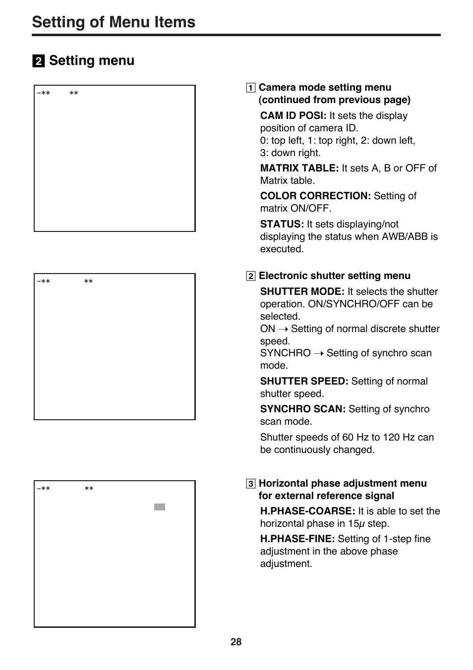 Setting of menu items, Setting menu | Panasonic AK-HC910P User Manual | Page 28 / 36