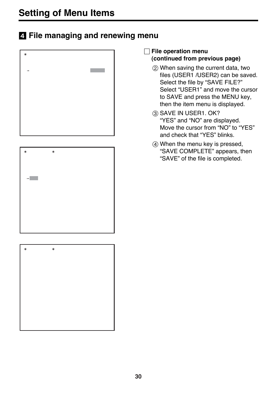 Setting of menu items, File managing and renewing menu | Panasonic AK-HC910P User Manual | Page 30 / 36