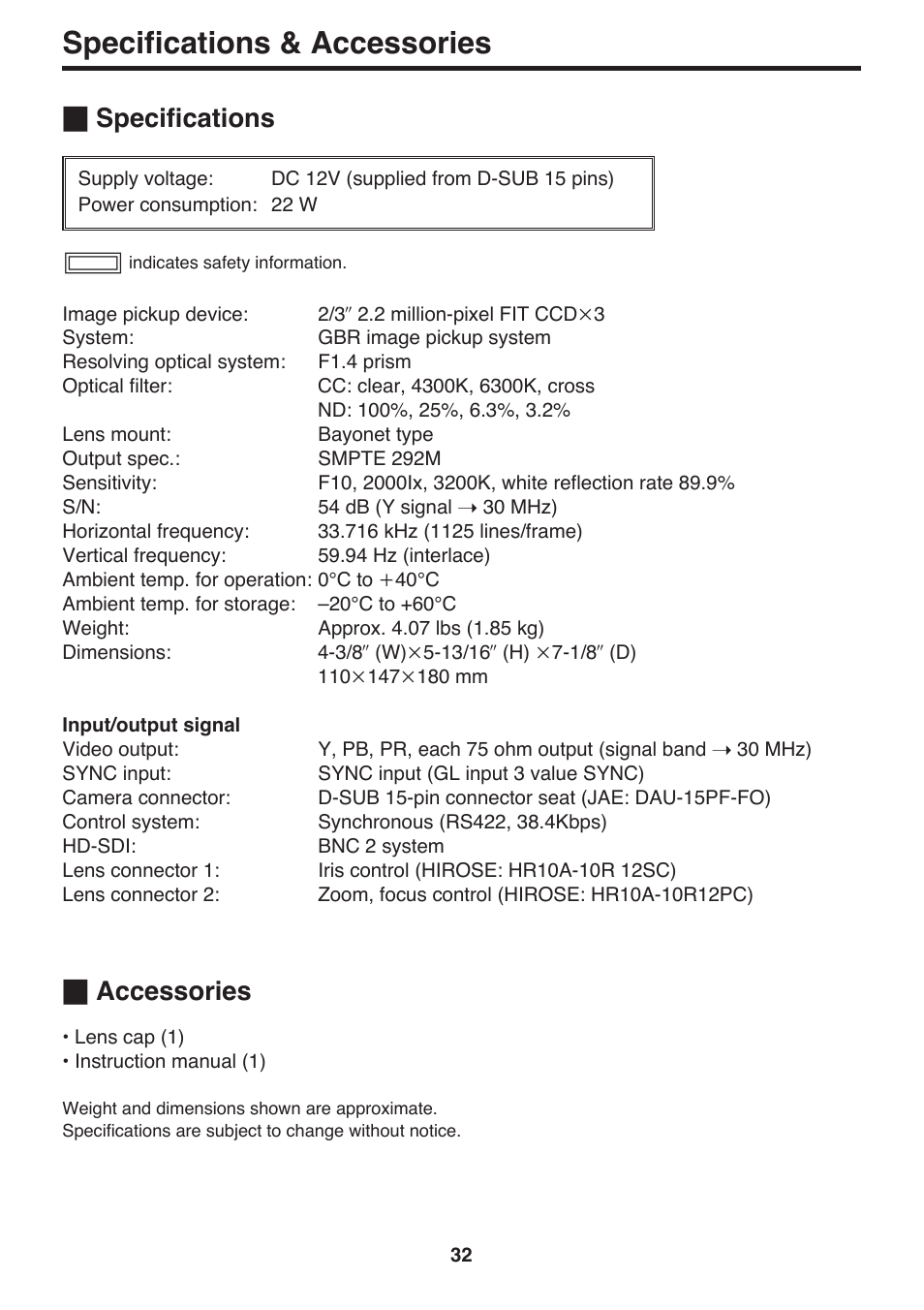 Specifications & accessories, Specifications _ accessories | Panasonic AK-HC910P User Manual | Page 32 / 36