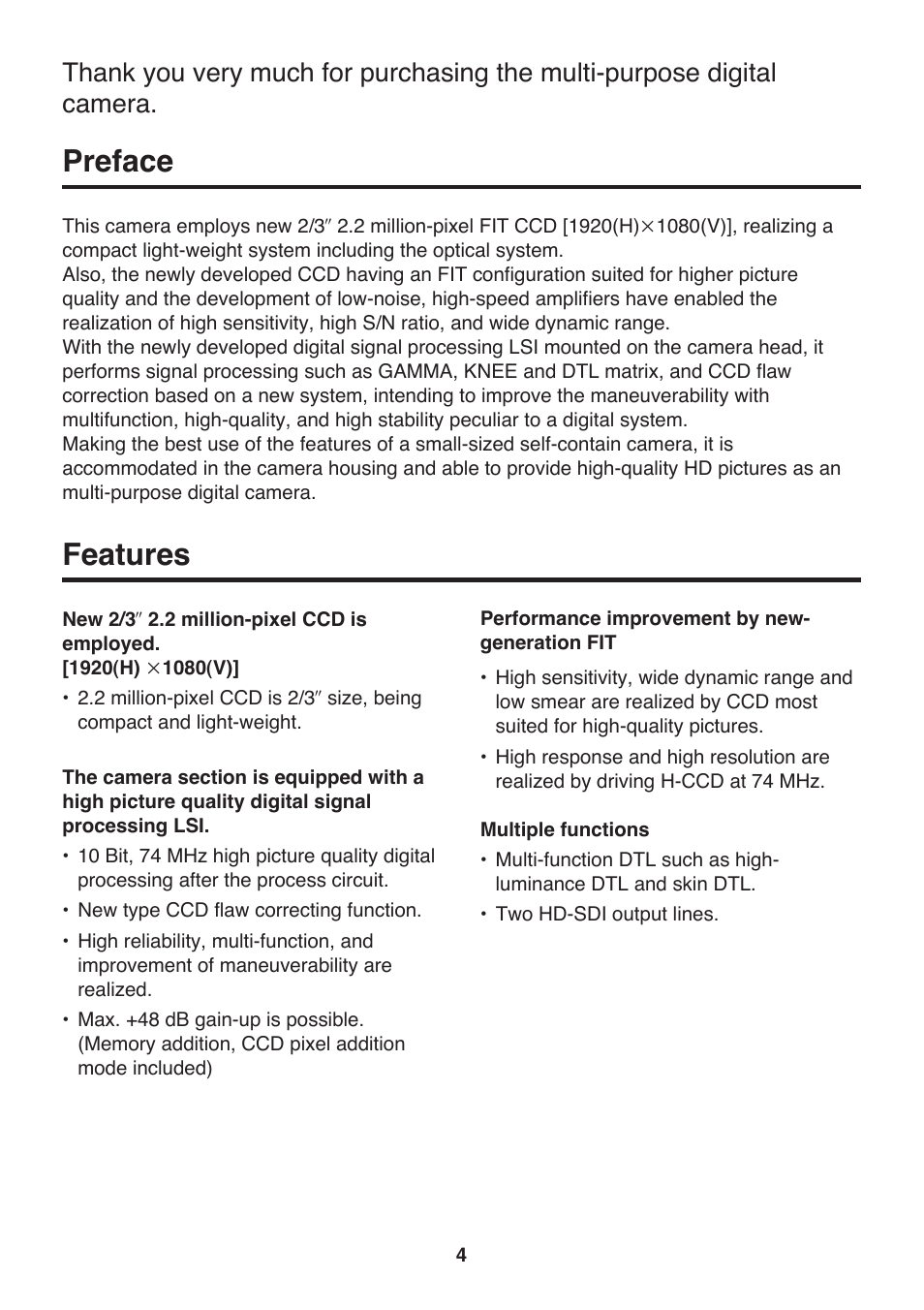 Preface, Features | Panasonic AK-HC910P User Manual | Page 4 / 36