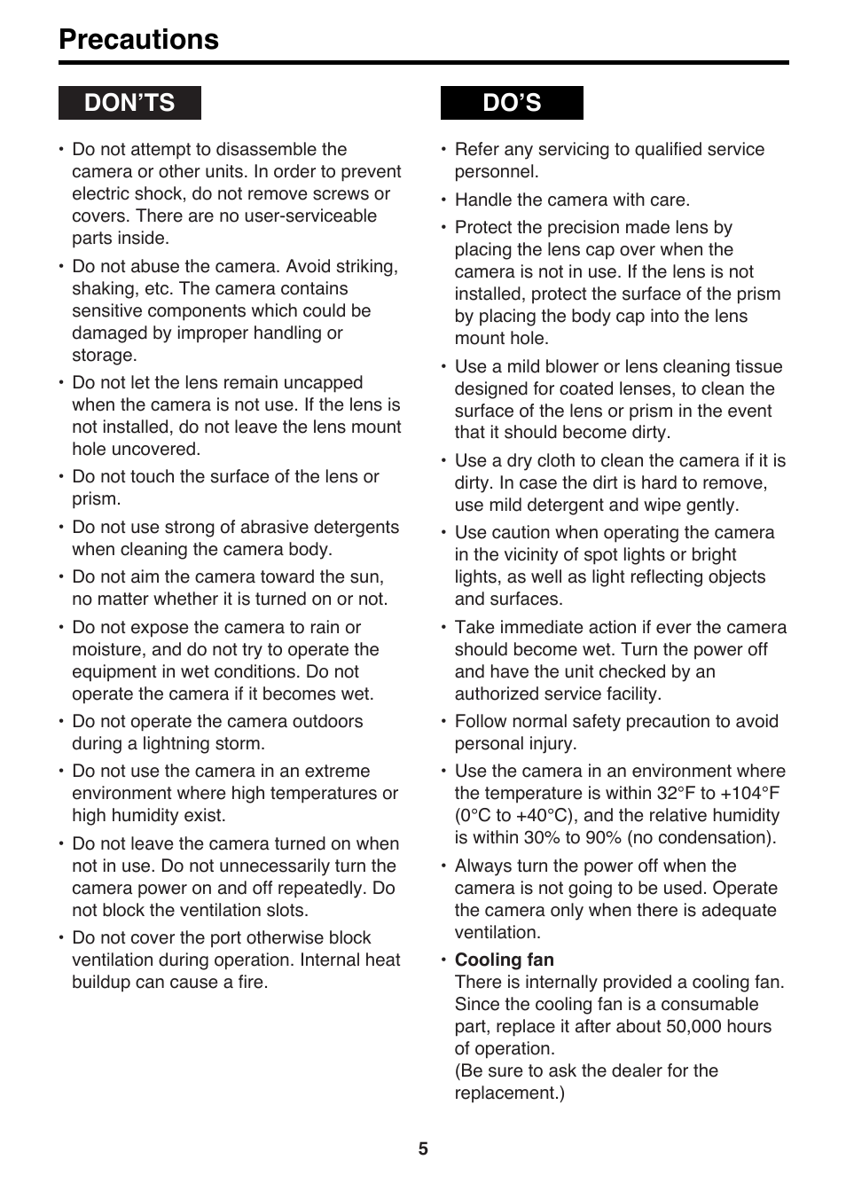 Precautions, Don’ts do’s | Panasonic AK-HC910P User Manual | Page 5 / 36