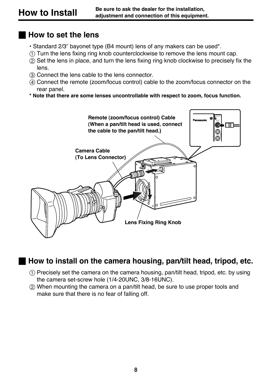 How to install, How to set the lens | Panasonic AK-HC910P User Manual | Page 8 / 36