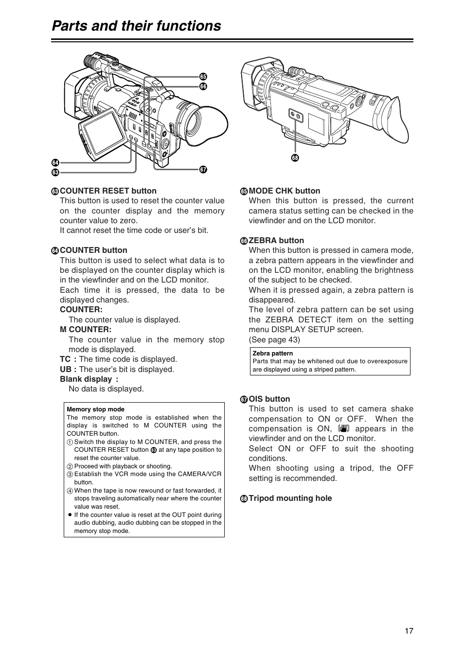 Parts and their functions | Panasonic AG-DVC80 User Manual | Page 17 / 62