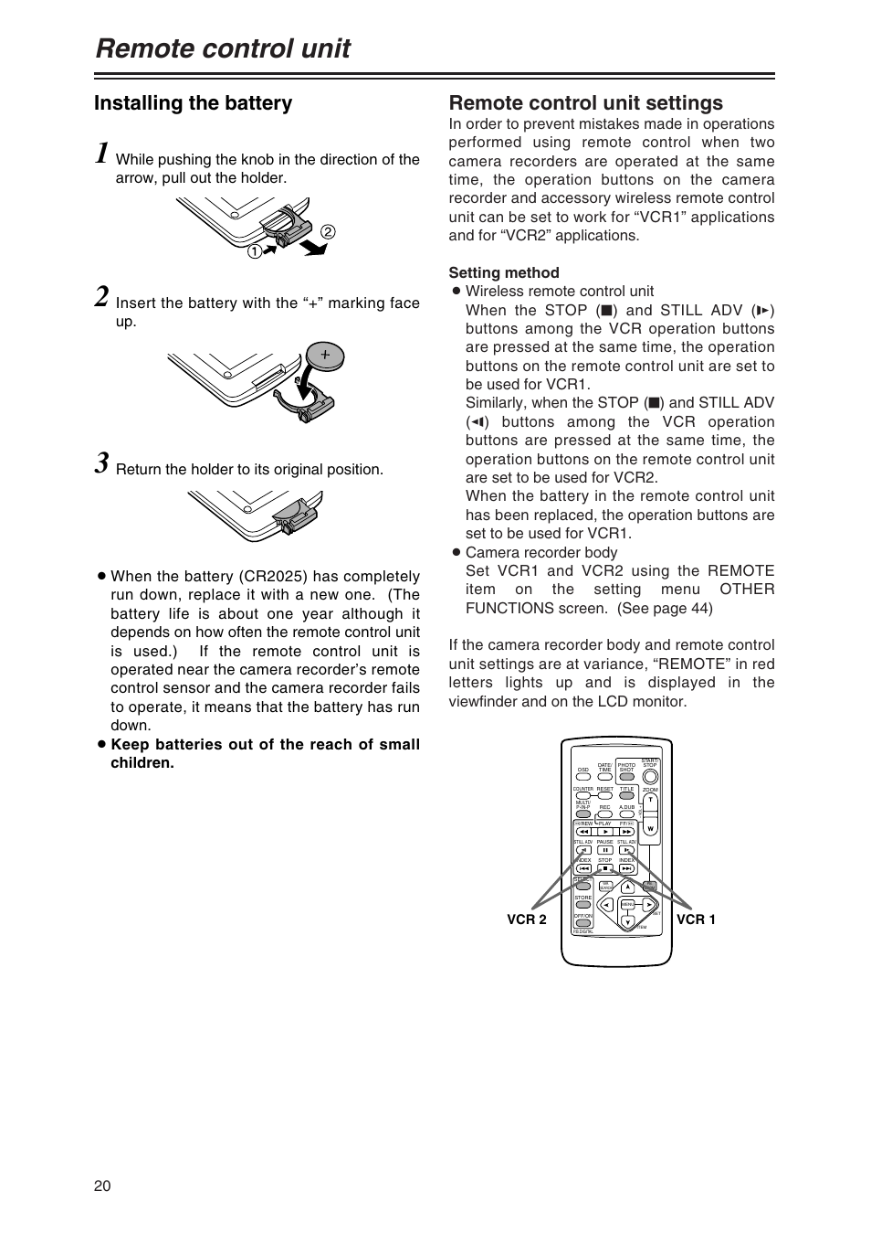 Remote control unit, Remote control unit settings, Installing the battery | Insert the battery with the “+” marking face up, Return the holder to its original position, Vcr 2 vcr 1 | Panasonic AG-DVC80 User Manual | Page 20 / 62