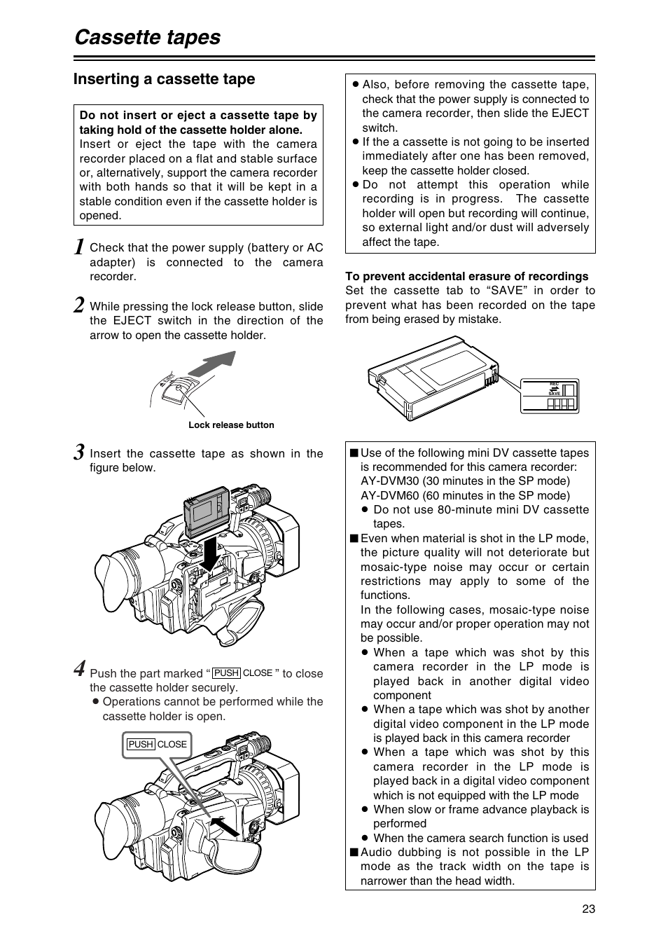 Cassette tapes, Inserting a cassette tape | Panasonic AG-DVC80 User Manual | Page 23 / 62