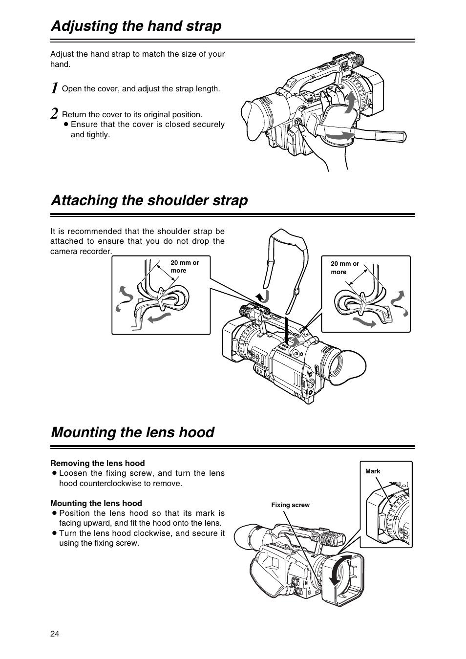 Adjusting the hand strap, Attaching the shoulder strap, Mounting the lens hood | Panasonic AG-DVC80 User Manual | Page 24 / 62