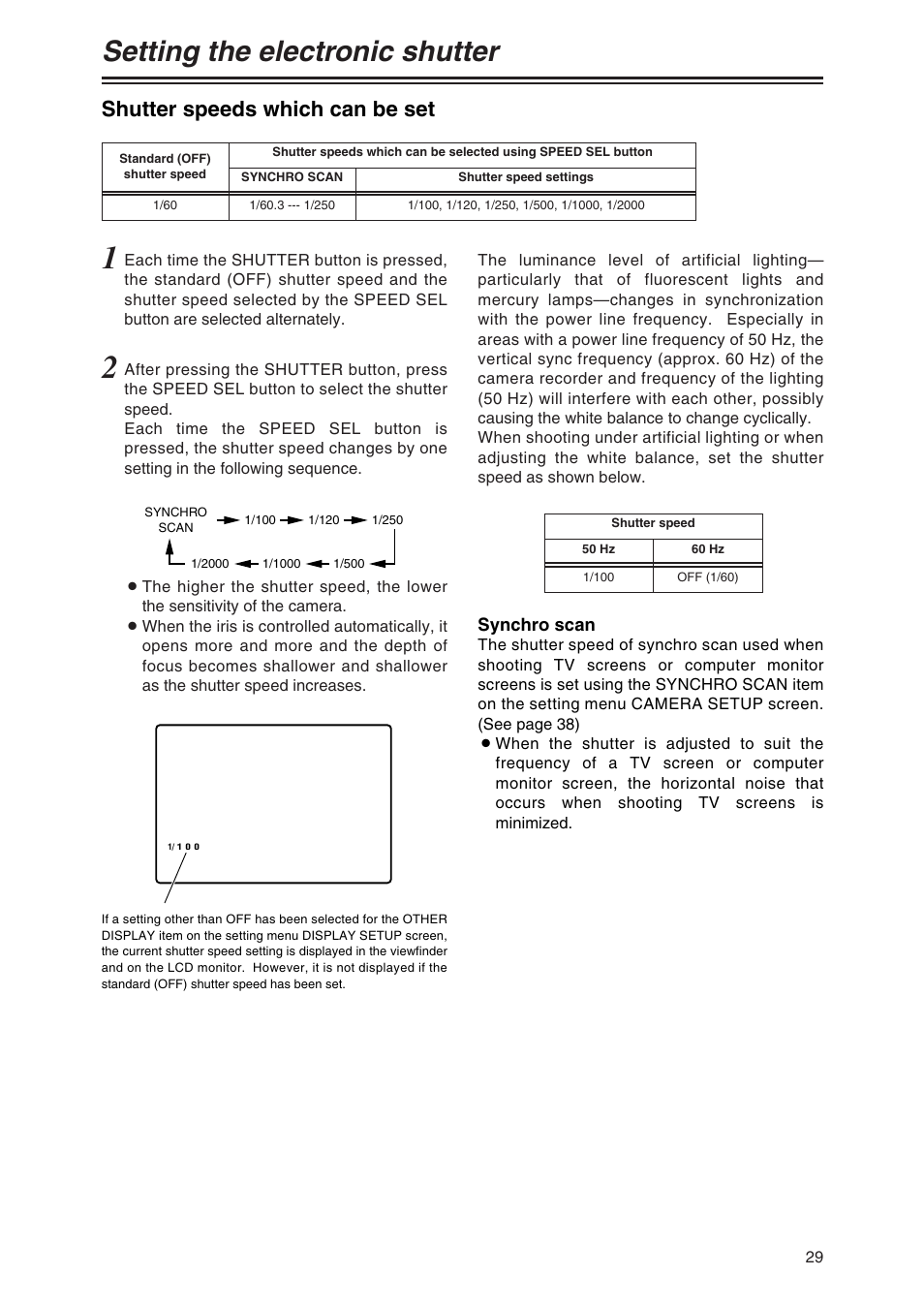 Setting the electronic shutter, Shutter speeds which can be set | Panasonic AG-DVC80 User Manual | Page 29 / 62