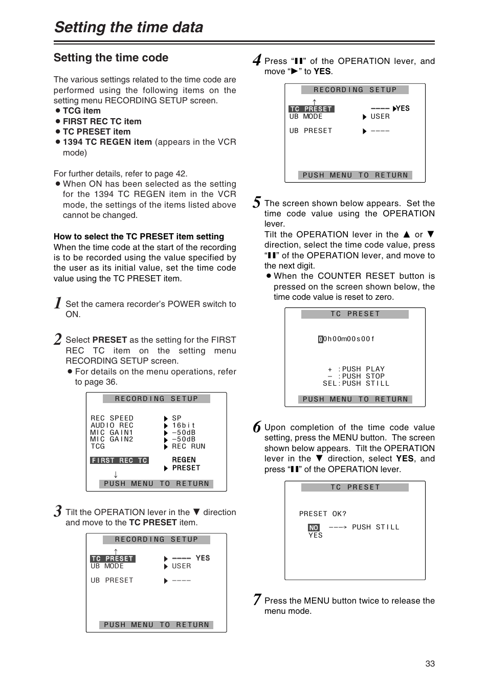 Setting the time code, Setting the time data | Panasonic AG-DVC80 User Manual | Page 33 / 62