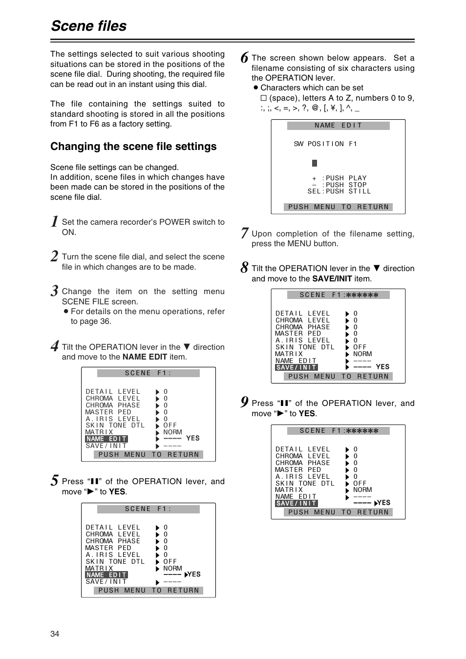 Scene files, Changing the scene file settings, Set the camera recorder’s power switch to on | Panasonic AG-DVC80 User Manual | Page 34 / 62