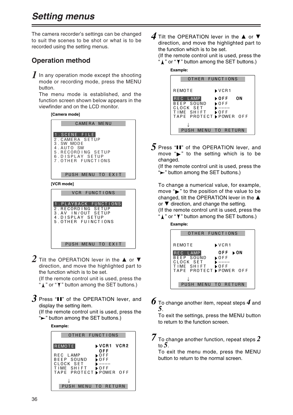 Setting menus, Operation method | Panasonic AG-DVC80 User Manual | Page 36 / 62